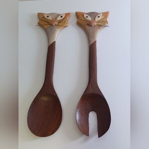 Cat Inlaid Wood Salad Servers Spoon & Fork Set